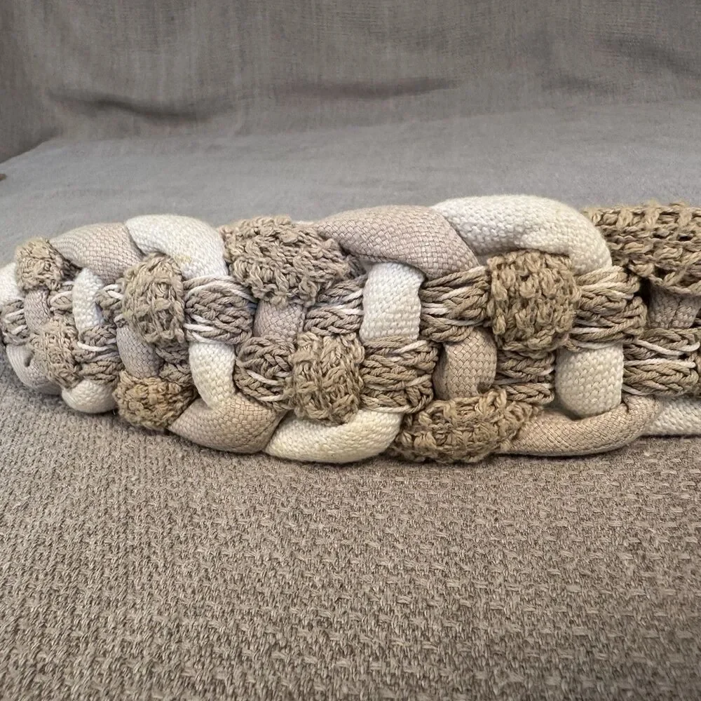 Vintage Leather Shop Cream Braided Fabric & Leather Belt Stretchy Boho S/M 544